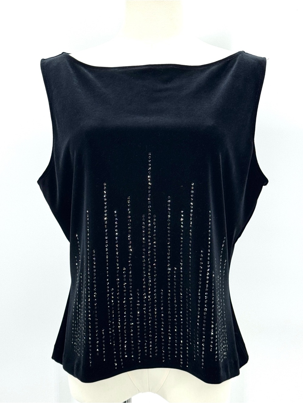 Black Sleeveless Velvet Gem-Embellished Boatneck Tank Top